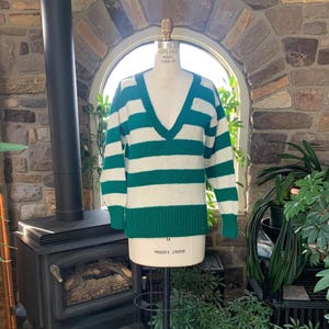 Vintage 1980s Handmade Green and Ivory Striped V Neck Sweater, Vintage Striped Christmas Sweater, Vintage Hand Knitted Sweater