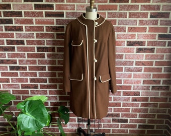 Vintage 1960s Brown Wool Coat Ivory Piping and Buttons Great Six Sportswear, Vintage Sixties Knee Length Jacket