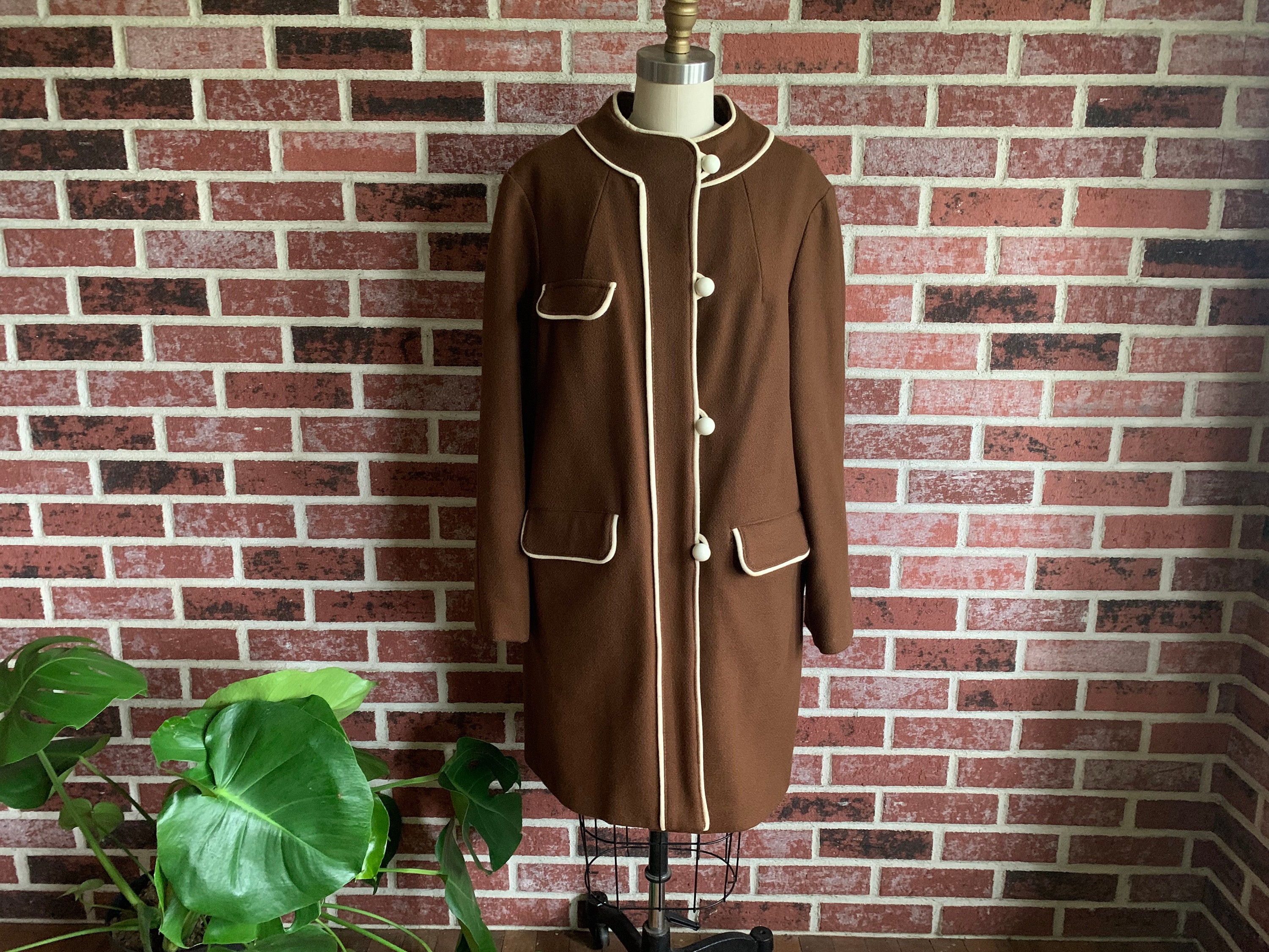 Vintage 1960s Brown Wool Coat Ivory Piping and Buttons Great Six 