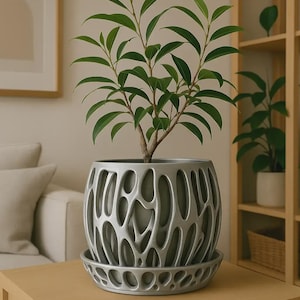 Peut inclure: Un pot de fleurs décoratif en céramique grise avec un design ajouré unique, contenant une plante verte vibrante. Le pot repose sur une soucoupe assortie, ajoutant une touche d'élégance moderne à tout intérieur. La plante a de longues feuilles vertes.