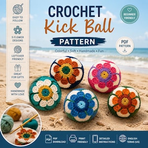 Crochet Kick Ball Pattern PDF, Flower Mandala Amigurumi Ball Pattern Bundle, Boho Hacky Sack Crochet Pattern, 5 Color Designs