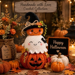 May include: A stacked crochet amigurumi figure featuring a large orange jack-o'-lantern base, a white ghost in the middle, and a small orange pumpkin wearing a black witch hat with a twine bow and small flowers on top of the stack.