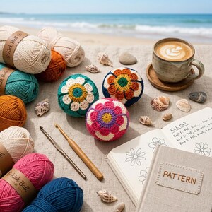 Può includere: Una scena artigianale a tema spiaggia con palline all'uncinetto colorate, filato, uncinetti e un libro di modelli. Le palline presentano disegni floreali in vari colori. I rotoli di filato sono etichettati "Kick Ball".