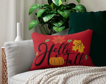 Hello Fall Pumpkin Leaves lendenkussen | Herfsthuisdecoratie, seizoensgebonden sierkussen