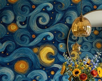 Van Gogh Inspired Starry Sky Swirl Wallpaper, Artistic Night Mural, Bold Statement Wall Decor