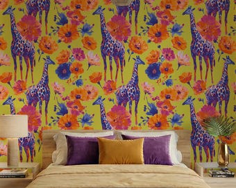 Giraffe Wallpaper, Colorful Maximalist Wall Mural, Bold Floral Animal Print, Statement Wall Decor