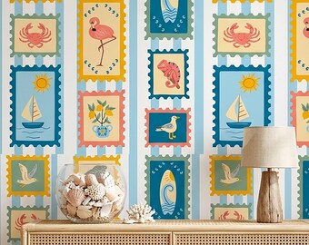 May include: Wallpaper featuring a repeating pattern of postage stamp-style illustrations with beach and ocean themes. Stamps include images of flamingos, sailboats, surfboards, and crabs. The background has blue and white vertical stripes.