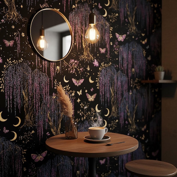 Dark Moon Willow Tree Wallpaper: Witchy Butterfly Wall Decor