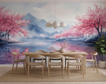 May include: A watercolor mural depicting a serene landscape with a lake, mountains, and cherry blossom trees in shades of pink and blue. A wooden dining table with six chairs is set in front of the mural, creating a tranquil dining space.