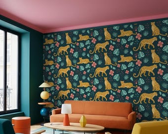 Tropical Leopard Peel and Stick Wallpaper, Dark Teal Jungle Mural