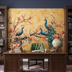 May include: A home office with a dark wood desk, green chair, and bookshelves. The wall features a golden mural with peacock and floral designs. A globe and desk lamp are on the desk.