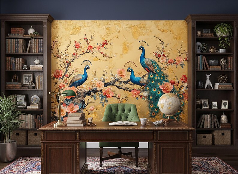 May include: A home office with a dark wood desk, green chair, and bookshelves. The wall features a golden mural with peacock and floral designs. A globe and desk lamp are on the desk.