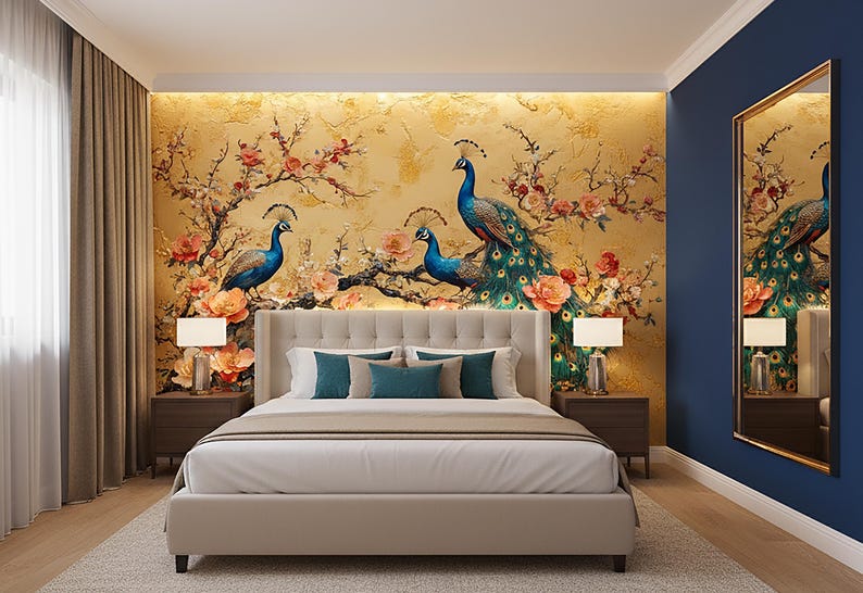 May include: A bedroom featuring a bed with a beige headboard and bedding. The wall behind the bed has a gold-toned mural with peacock and floral designs. Two matching nightstands with lamps flank the bed. A large mirror is on the right wall.