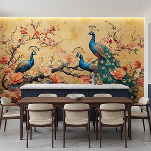 May include: A dining room with a large mural featuring three blue peacocks perched on a flowering branch. The mural has a gold background with peach and pink flowers. A dark wood table with eight chairs is in front of the mural.
