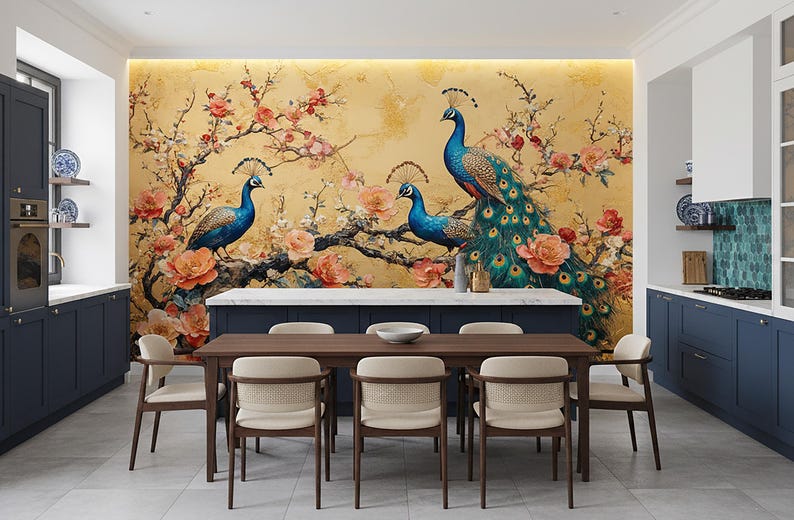 May include: A dining room with a large mural featuring three blue peacocks perched on a flowering branch. The mural has a gold background with peach and pink flowers. A dark wood table with eight chairs is in front of the mural.