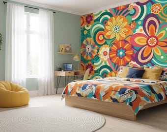 70s Floral Wallpaper Mural | Colorful Retro Flower Power Wall Art