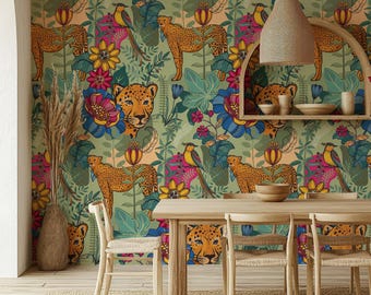Maximalist Jungle Wallpaper – Safari Leopard Tropical Wall Mural