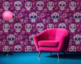 Pink Sugar Skull Wallpaper | Floral Gothic Home Decor
