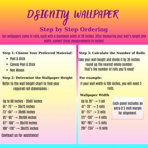 May include: A graphic with wallpaper ordering instructions. It details choosing materials, determining height, and calculating rolls. Measurements are in inches, with a maximum width of 99 cm. Includes a chart for roll dimensions and a contact for assistance.