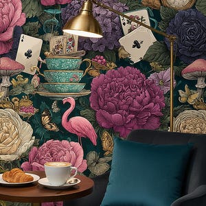 Whimsical Floral Wallpaper :Vintage Botanical Wall Mural, Dark Maximalist Flower Pattern