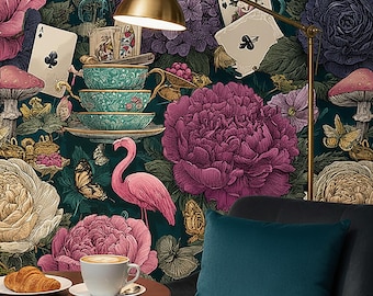 Whimsical Floral Wallpaper :Vintage Botanical Wall Mural, Dark Maximalist Flower Pattern