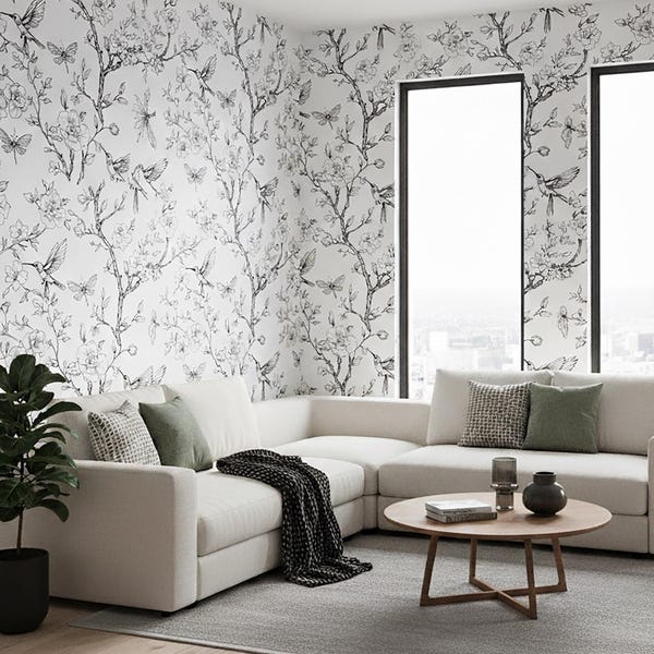 Black & White Bird Floral Wallpaper Mural | Botanical Line Art Wall Decor