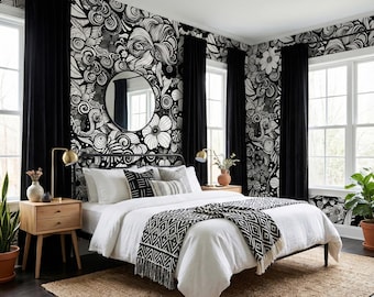 Black & White Floral Wallpaper – Bold Modern Botanical Wall Mural, Large Flower Art