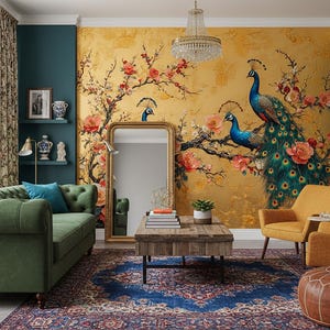 May include: A living room with a green sofa, two mustard-colored armchairs, and a brown ottoman. A large gold-toned mirror leans against a wall with a peacock mural. A patterned rug and curtains complete the decor.