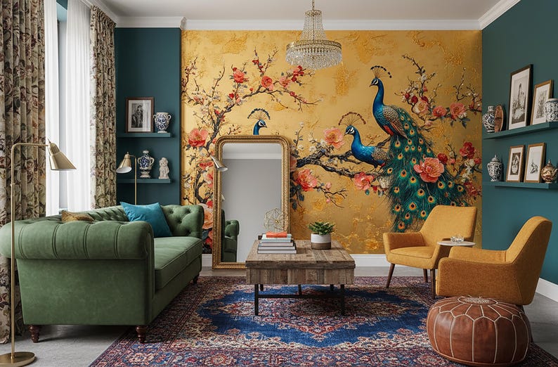 May include: A living room with a green sofa, two mustard-colored armchairs, and a brown ottoman. A large gold-toned mirror leans against a wall with a peacock mural. A patterned rug and curtains complete the decor.