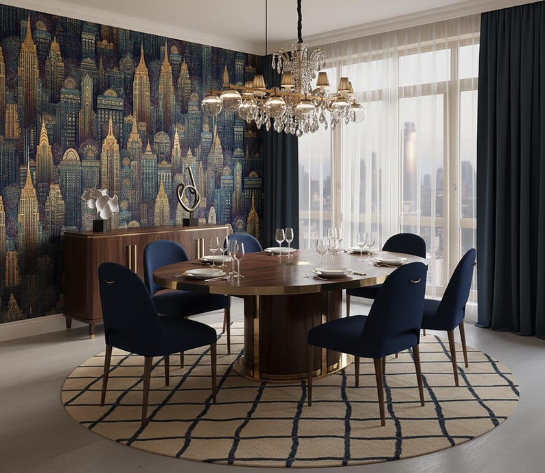 Art Deco City Skyline Wallpaper – Gold & Navy Luxury Wall Mural - Etsy