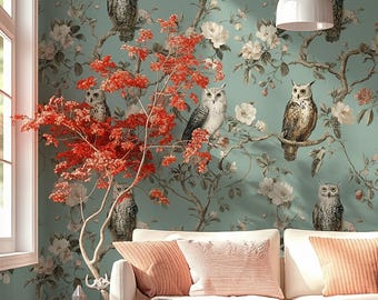 Vintage Owl Wallpaper | Botanical Sage Green Floral Wall Art