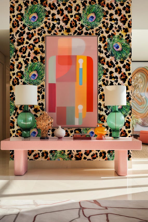 Leopard & Peacock Feather Wallpaper – Bold Maximalist Statement Wall