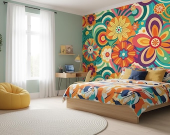 70s Floral Wallpaper Mural | Colorful Retro Flower Power Wall Art