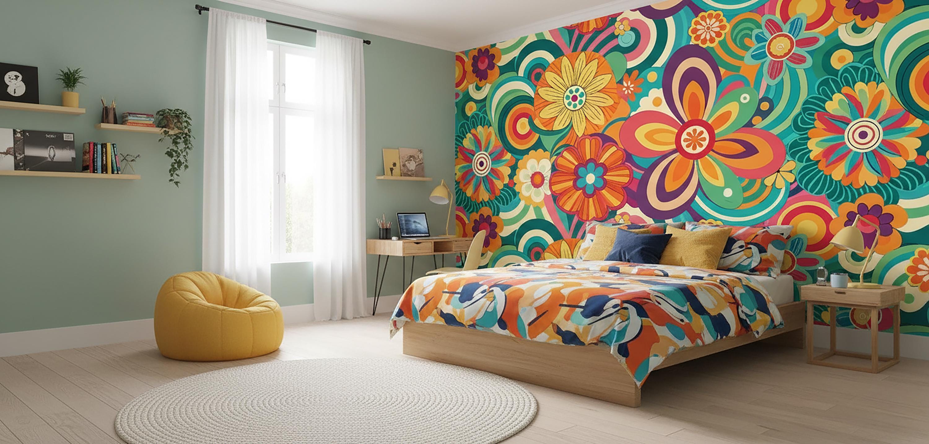 70s Floral Wallpaper Mural | Colorful Retro Flower Power Wall Art - Etsy