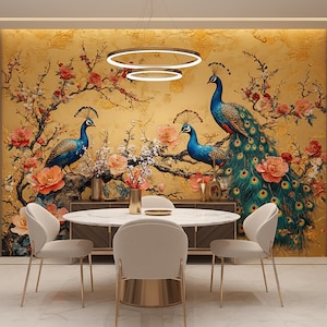 Chinoiserie Peacock and Peony  Wallpaper Mural, Elegant Floral Bird Wall Art