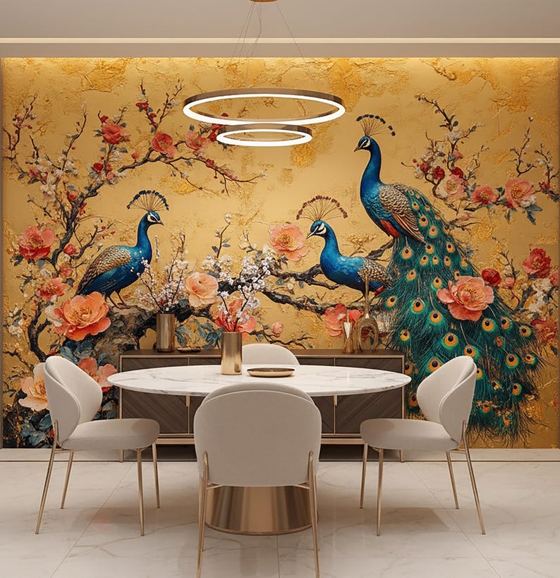 Chinoiserie Peacock and Peony Wallpaper Mural, Elegant Floral Bird Wall Art image 1