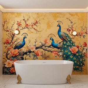 May include: A white, oval-shaped bathtub with gold-colored feet is set against a wall mural featuring three peacocks, flowering branches, and a golden background. The bathroom has marble tile flooring and walls.