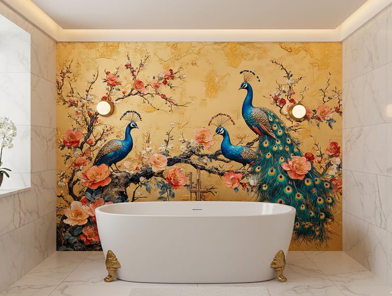 May include: A white, oval-shaped bathtub with gold-colored feet is set against a wall mural featuring three peacocks, flowering branches, and a golden background. The bathroom has marble tile flooring and walls.