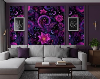 Celestial Floral Wallpaper :Dark Purple Cosmic Boho Wall Mural