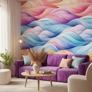 May include: A modern living room featuring a vibrant purple sofa with accent pillows, a round wooden coffee table, and a cream-colored armchair. The wall is adorned with a colorful, abstract mural in shades of pink, blue, and purple, creating a serene atmosphere.
