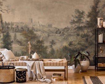 May include: A room with a landscape mural, a bench with a tray, and a black metal shelf. The bench holds a teapot, cups, and a book. Decorative vases and a potted plant are also present. A woven basket and a lantern sit on the floor.