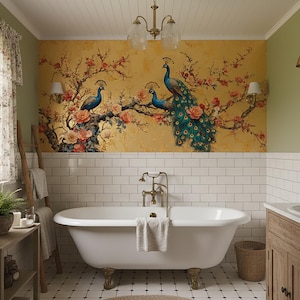 May include: A bathroom with a claw-foot bathtub, a wooden vanity, and a decorative wall mural featuring peacocks and floral elements. The room has a vintage aesthetic with a window and a small side table.