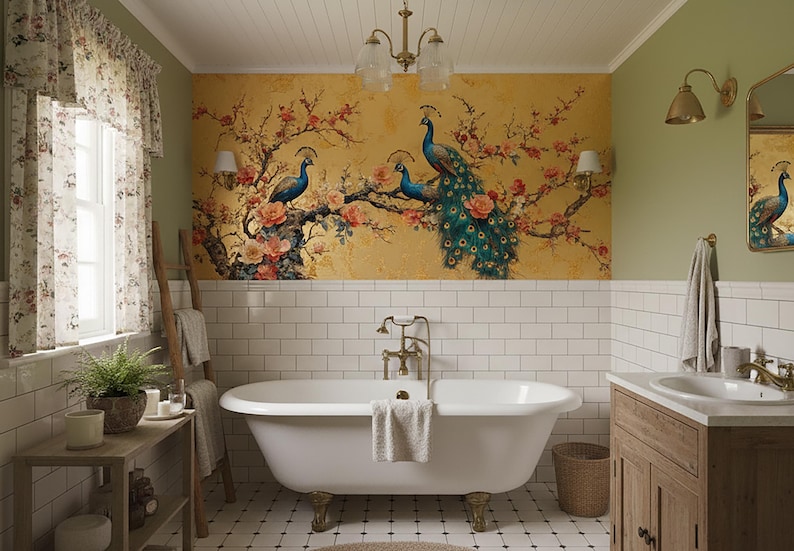 May include: A bathroom with a claw-foot bathtub, a wooden vanity, and a decorative wall mural featuring peacocks and floral elements. The room has a vintage aesthetic with a window and a small side table.