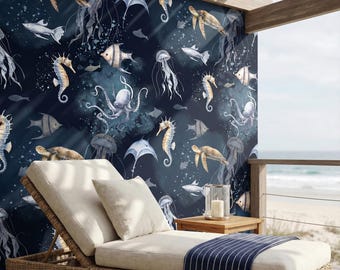 Dark Ocean Wallpaper , Deep Sea Nautical Wall Mural , Underwater Marine Wallpaper