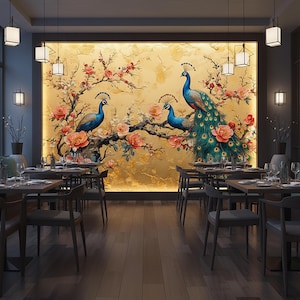 May include: A restaurant interior featuring a large mural of three peacocks perched on a flowering branch against a gold background. Tables are set with glassware, and chairs are arranged for dining. The lighting is soft and inviting.