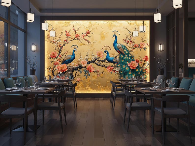 May include: A restaurant interior featuring a large mural of three peacocks perched on a flowering branch against a gold background. Tables are set with glassware, and chairs are arranged for dining. The lighting is soft and inviting.