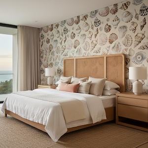 May include: A bedroom with a light wood bed frame, headboard, and nightstands. The bed is made with white linens and a peach-colored pillow. The wall features a seashell pattern wallpaper. Two white lamps sit on the nightstands.