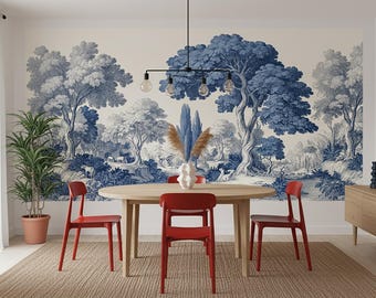May include: A dining room with a large blue and white mural of a forest scene. A wooden oval table is surrounded by four red chairs. A wooden cabinet and framed artwork are on the right. A potted plant and rug complete the room.