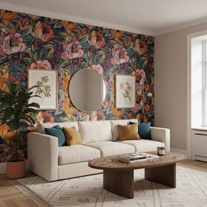 May include: A living room with a cream sofa, colourful cushions, a dark wood coffee table, and a patterned rug. The wall features floral wallpaper, framed botanical prints, and a round mirror, creating a vibrant and inviting atmosphere.