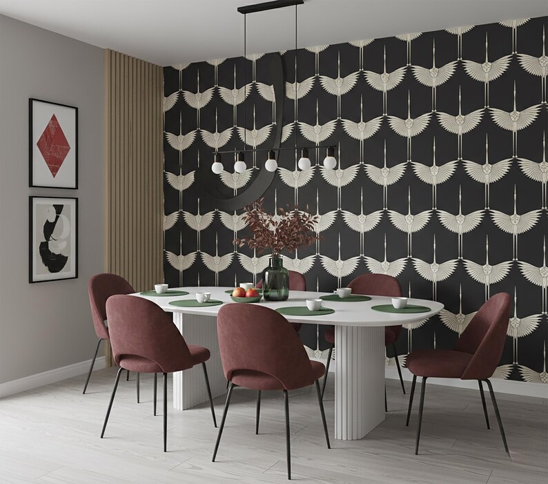 Art Deco Crane Wallpaper – Elegant Bird Pattern Wall Mural, Black ...